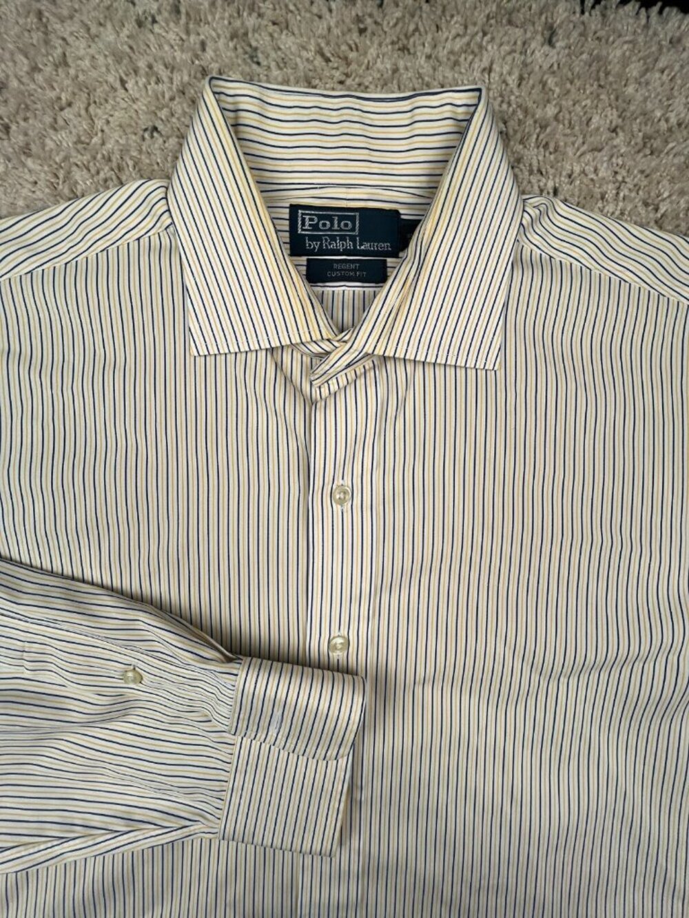 Polo Ralph Lauren Button Up Shirt 17 34/35 Yellow Blue Striped Regent Custom Fit